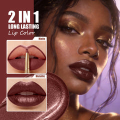 Depuplum GB23 metallic lipstick texture swatch demonstrating rich shimmer payoff