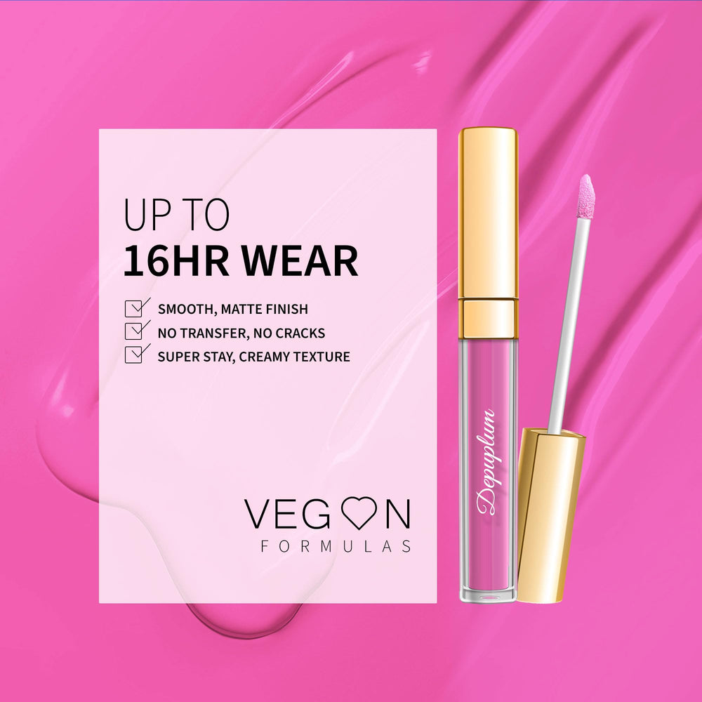 Depuplum fruitpink applied to full lips showing vibrant matte finish and definition