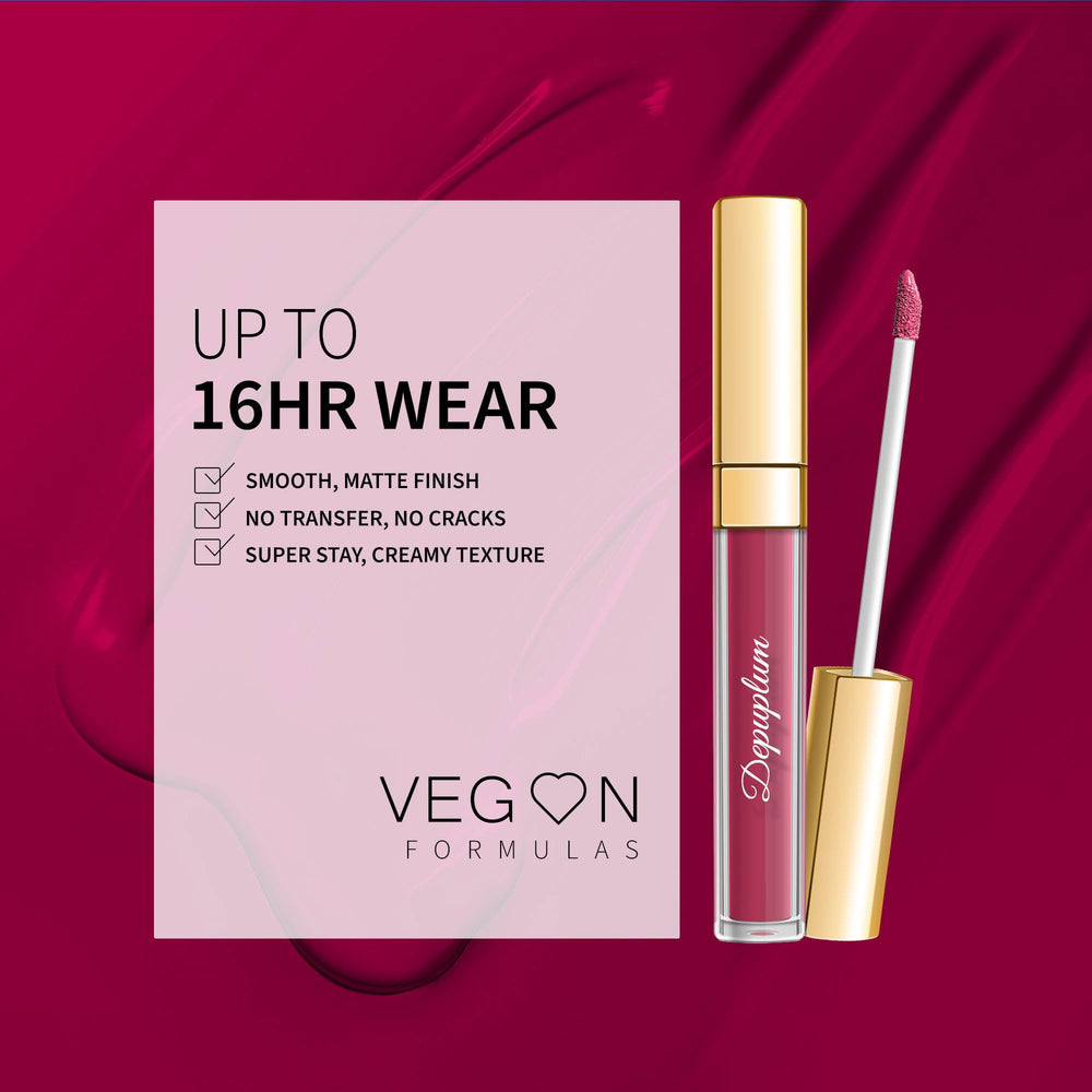 Depuplum lipstick on model in lifestyle setting highlighting long-lasting bold magenta