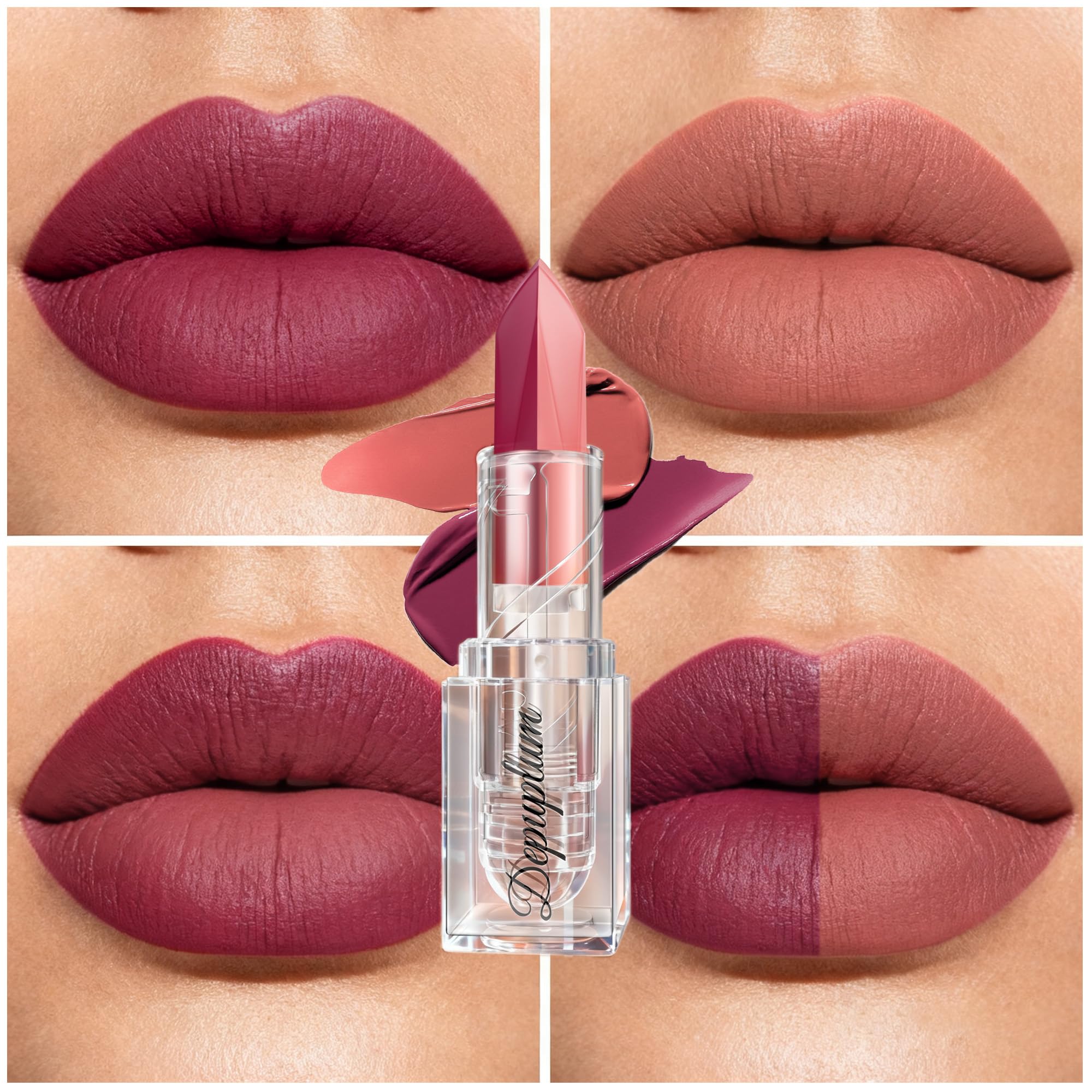 Depuplum close-up of two-tone lipstick bullet highlighting creamy texture and color