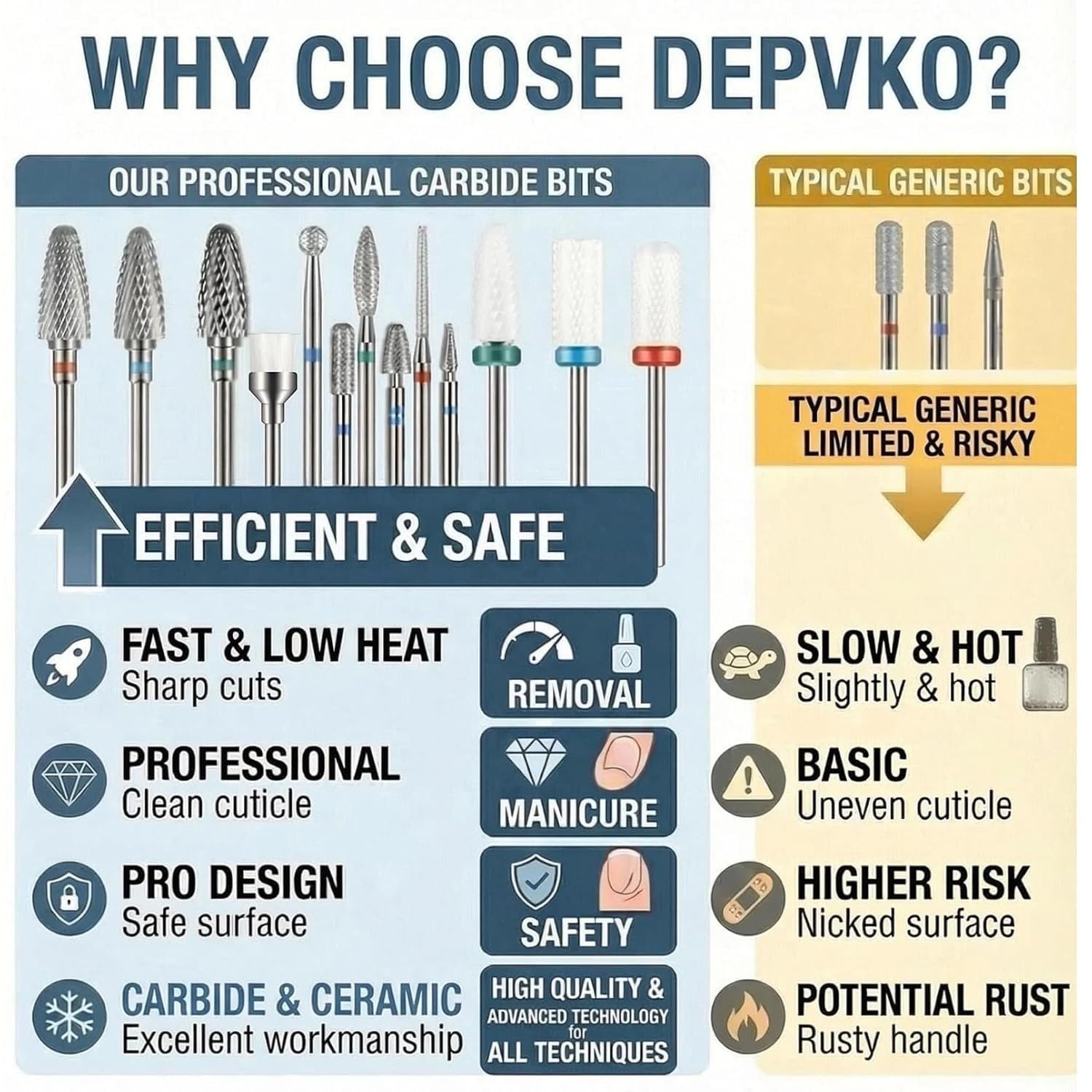 Depvko tungsten carbide bits close-up for fast acrylic and gel removal
