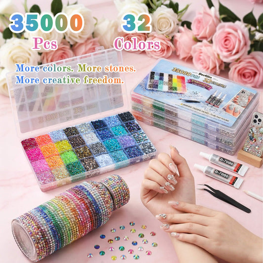 DERFILIN 32 compartment storage box with organized multicolor rhinestones for easy access