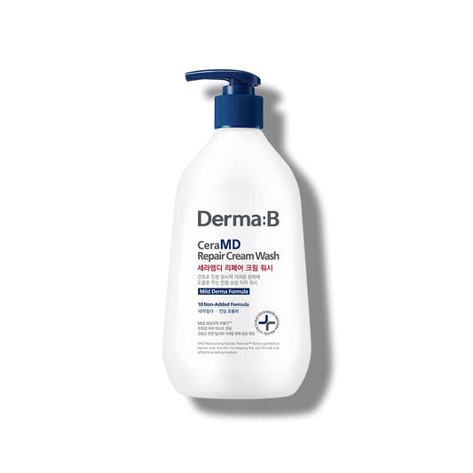 Derma B front bottle showing unscented repair cream wash for soothing skin