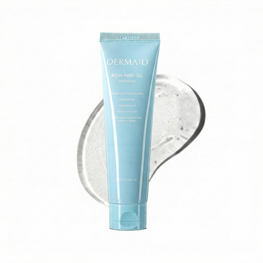 DERMA:D front packaging showing gel cream jar, clear hydration benefit