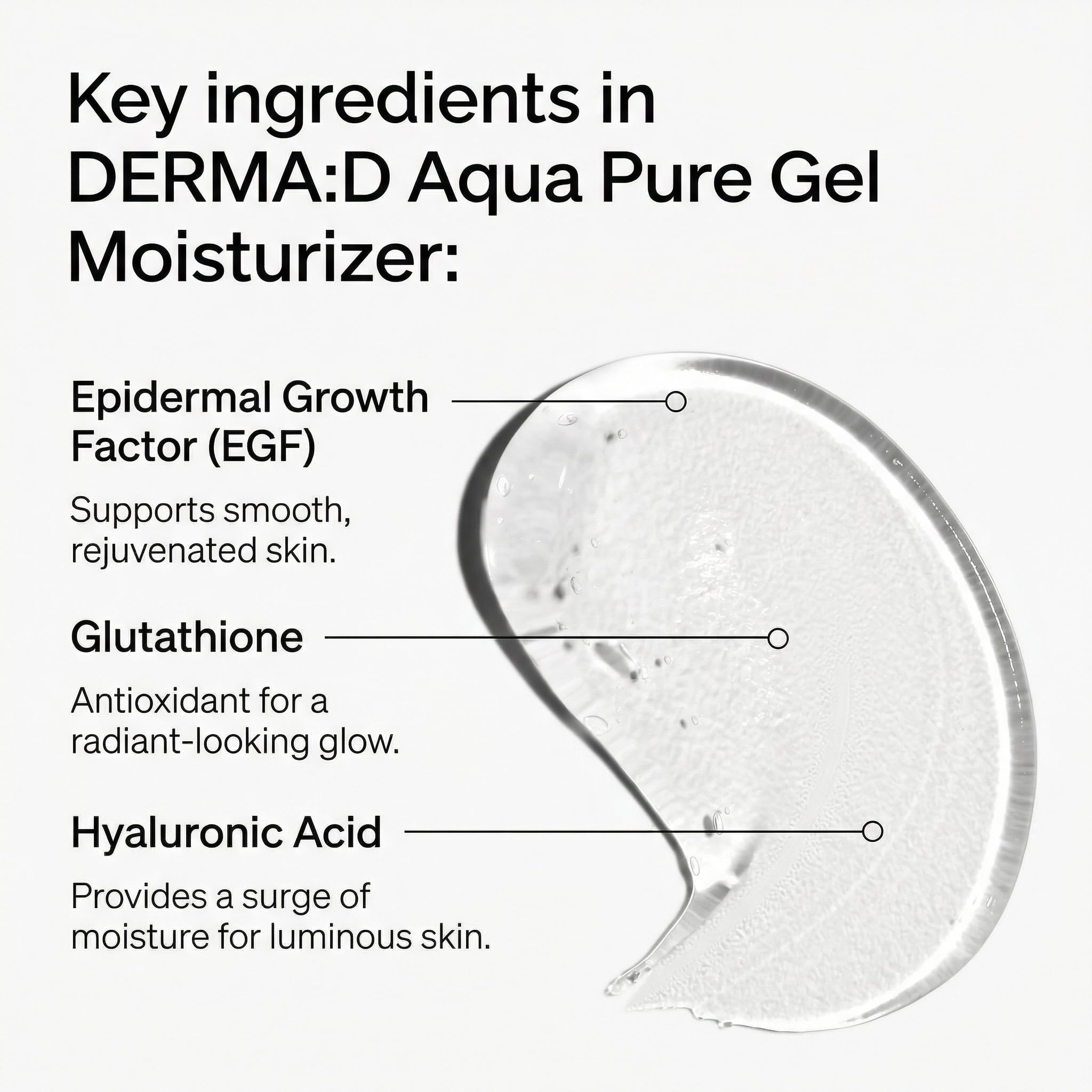 DERMA:D close-up of gel texture, lightweight and fast-absorbing benefit