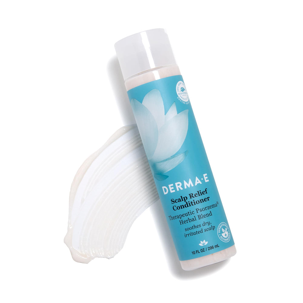 Derma E before and after scalp comparison showing reduced visible flakes