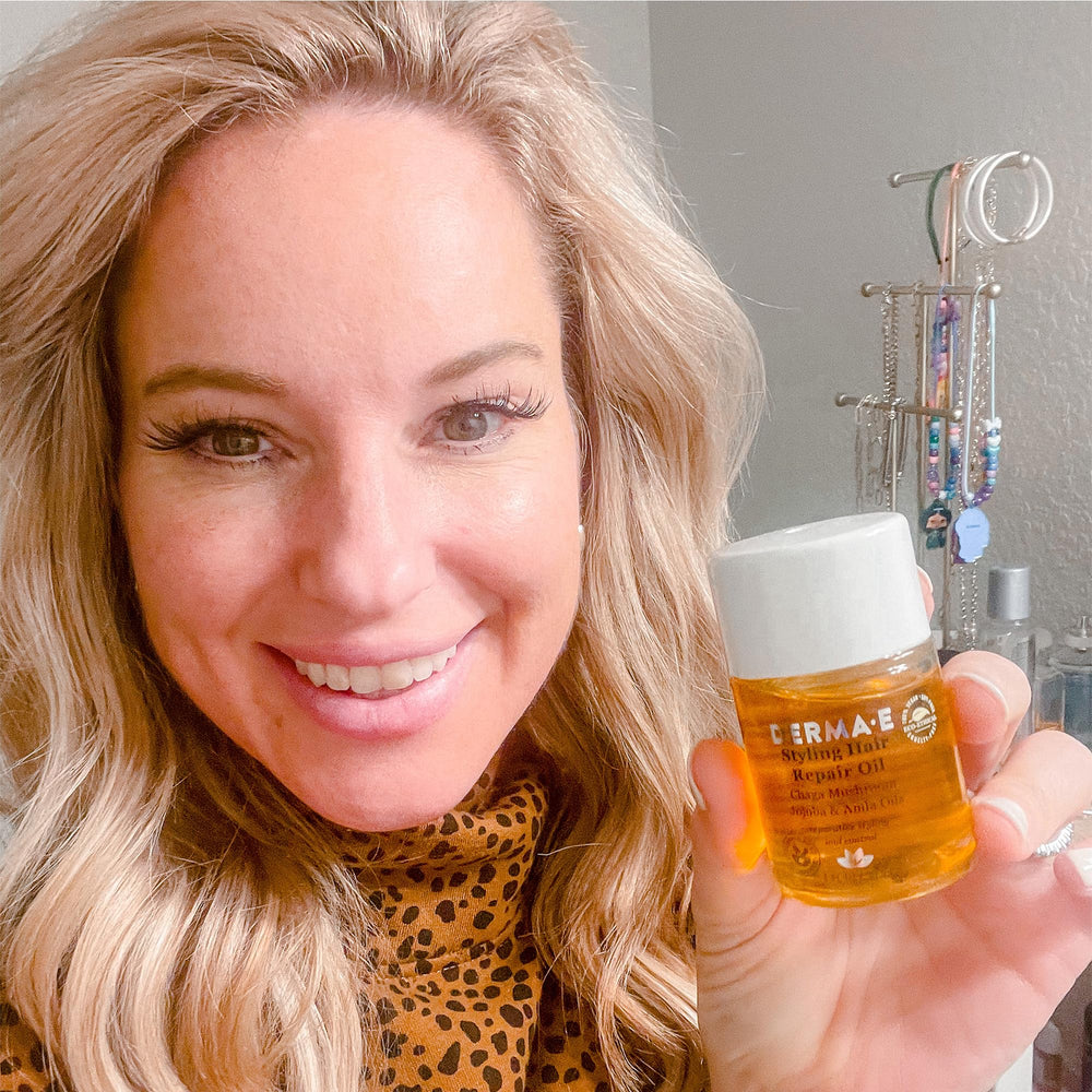 Derma E bonding oil ingredients label close-up highlighting natural actives