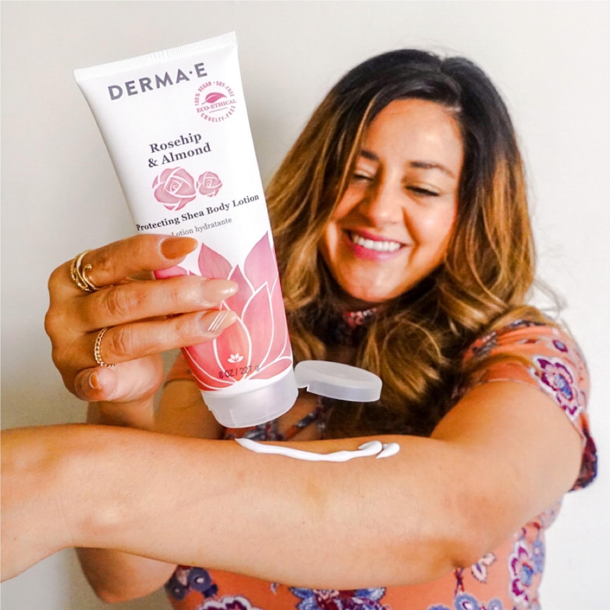 Derma E bottle on bathroom counter lifestyle shot conveying daily routine convenience