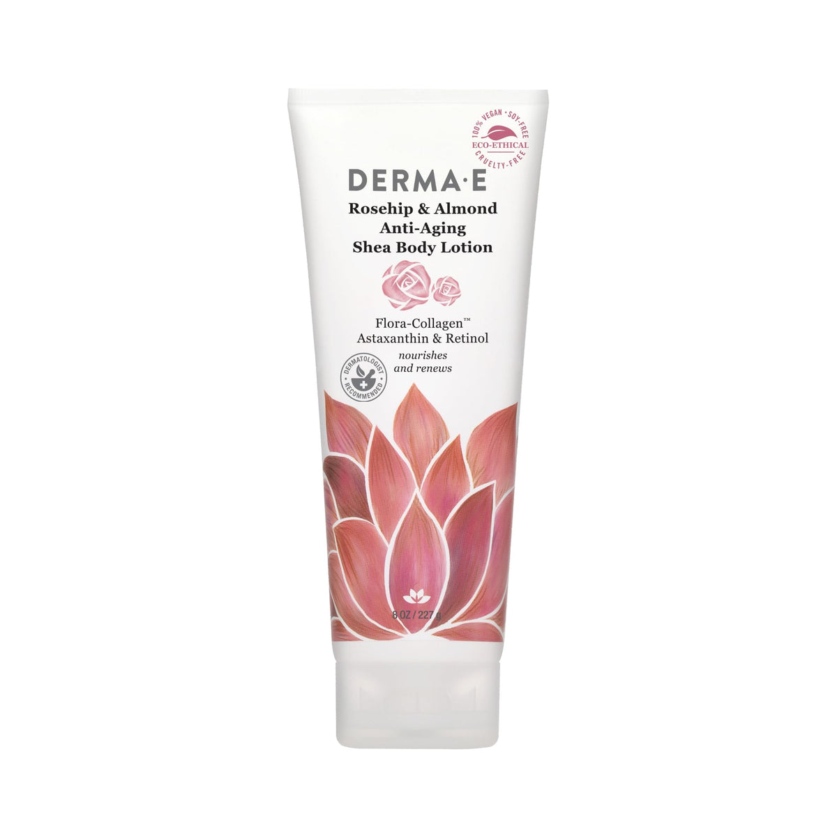 Derma E front packaging showing bottle and branding with clear product benefits