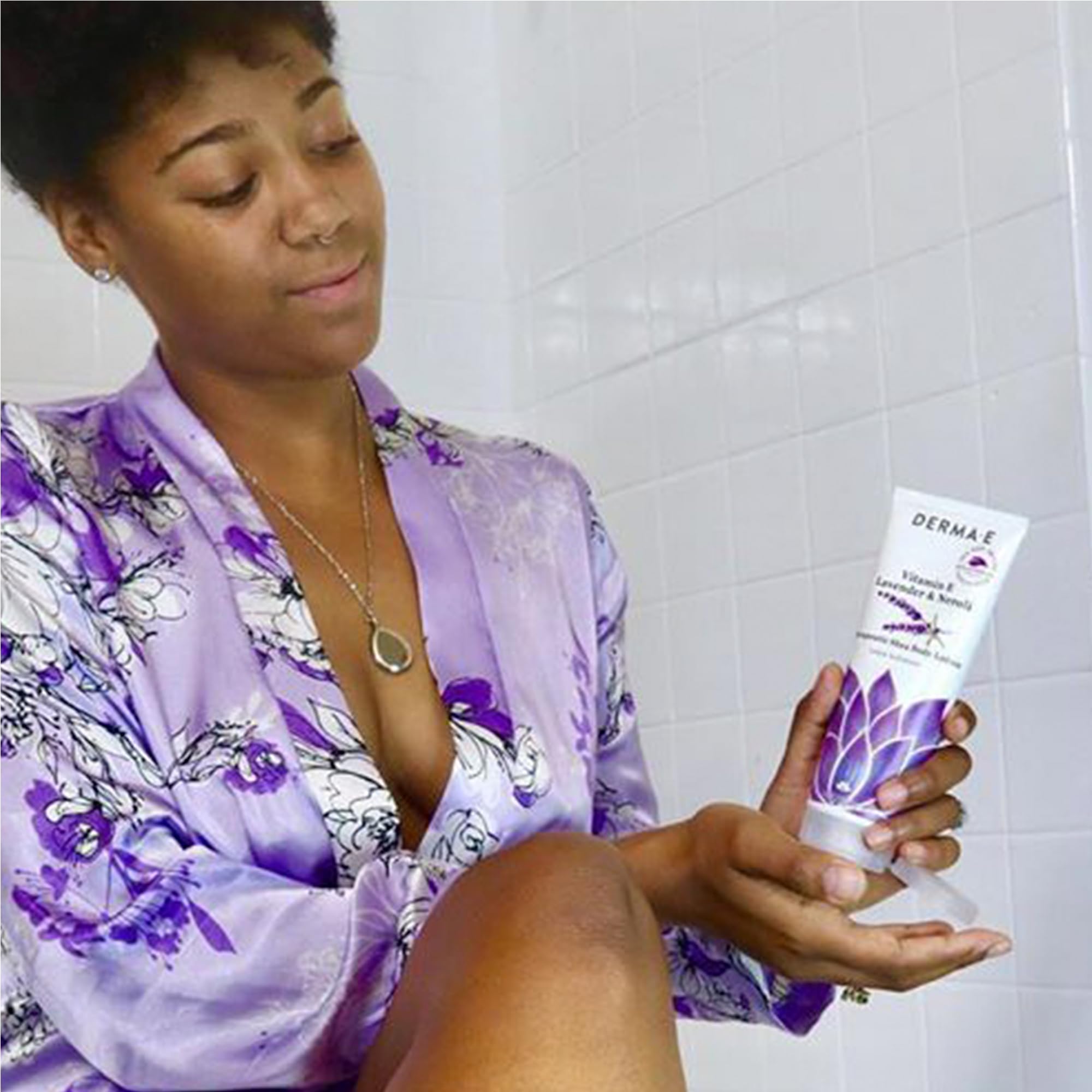 Derma E bottle on bathroom counter suggesting daily skincare ritual