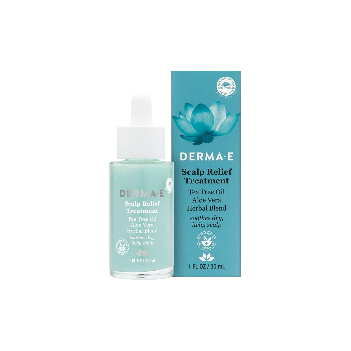 Derma E front bottle image showing packaging and soothing formula benefits
