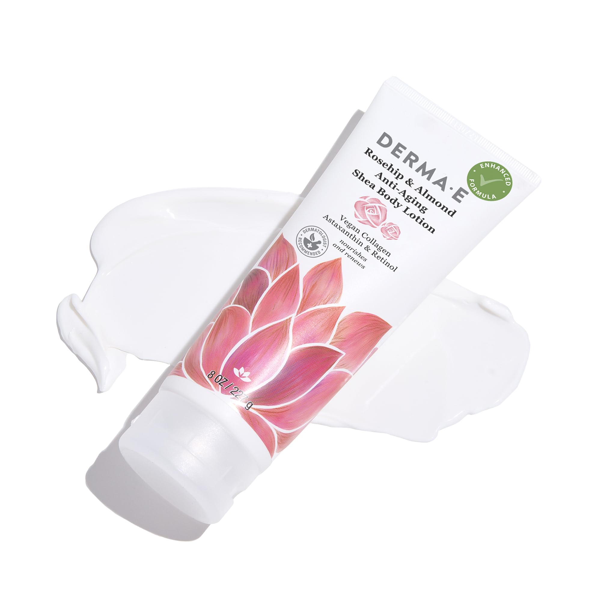 Derma E bottle held in hand for scale showing 8 oz size and travel-friendly design