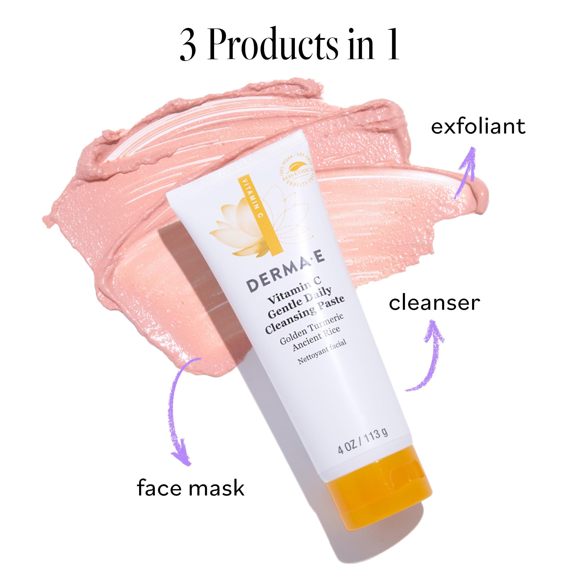 Derma E tube with turmeric and rice ingredients flatlay showing natural formulation benefits