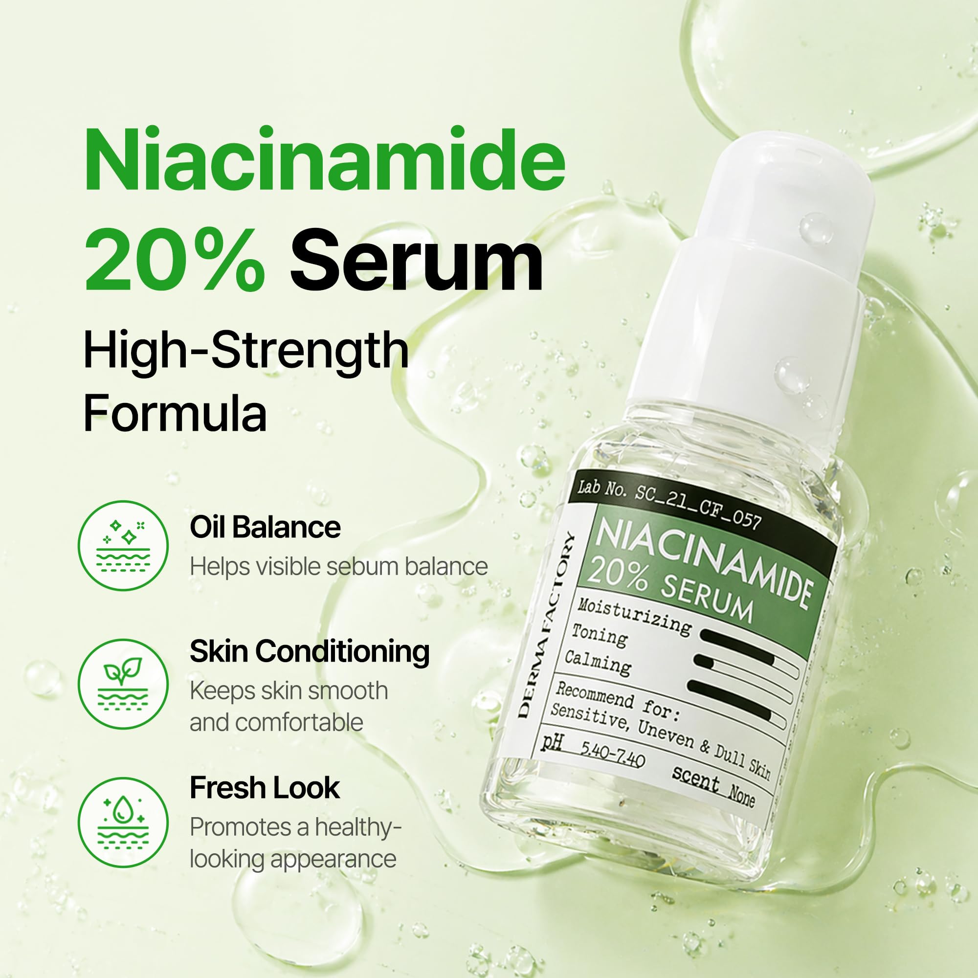 DERMA FACTORY watery texture close-up showing lightweight absorption benefit for oily skin