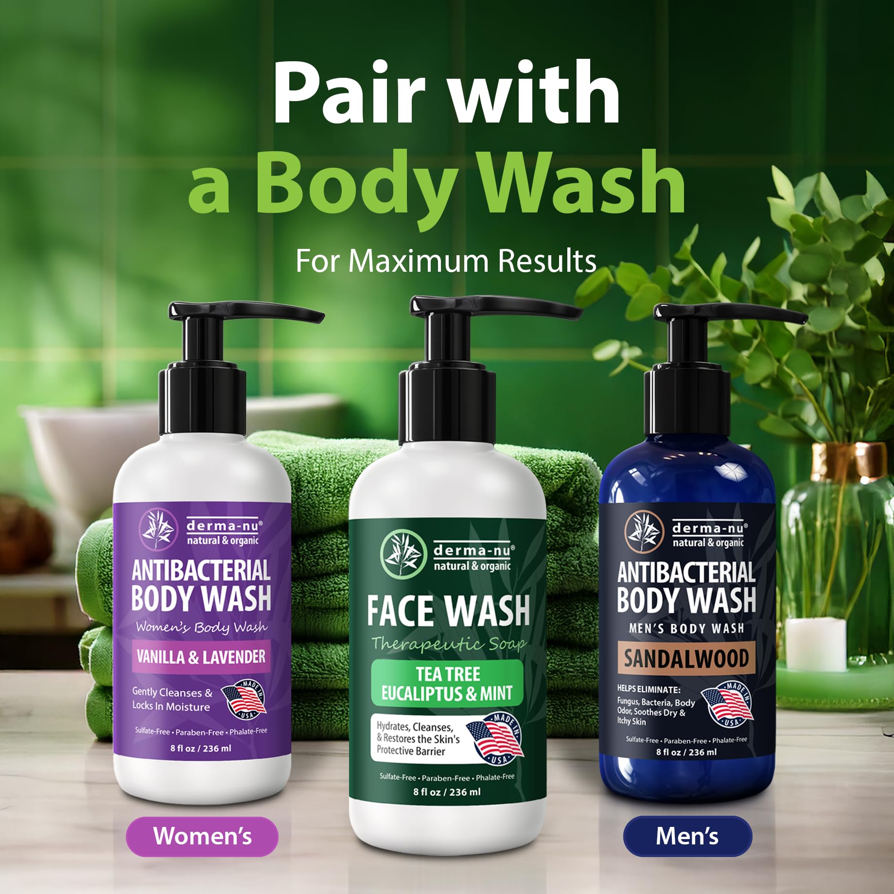 Derma-Nu bottle on bathroom counter in daily routine setting conveying soothing use