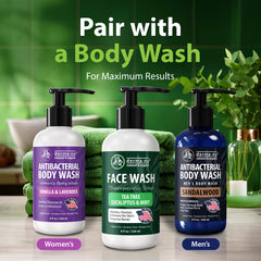 Derma-Nu bottle on bathroom counter in daily routine setting conveying soothing use