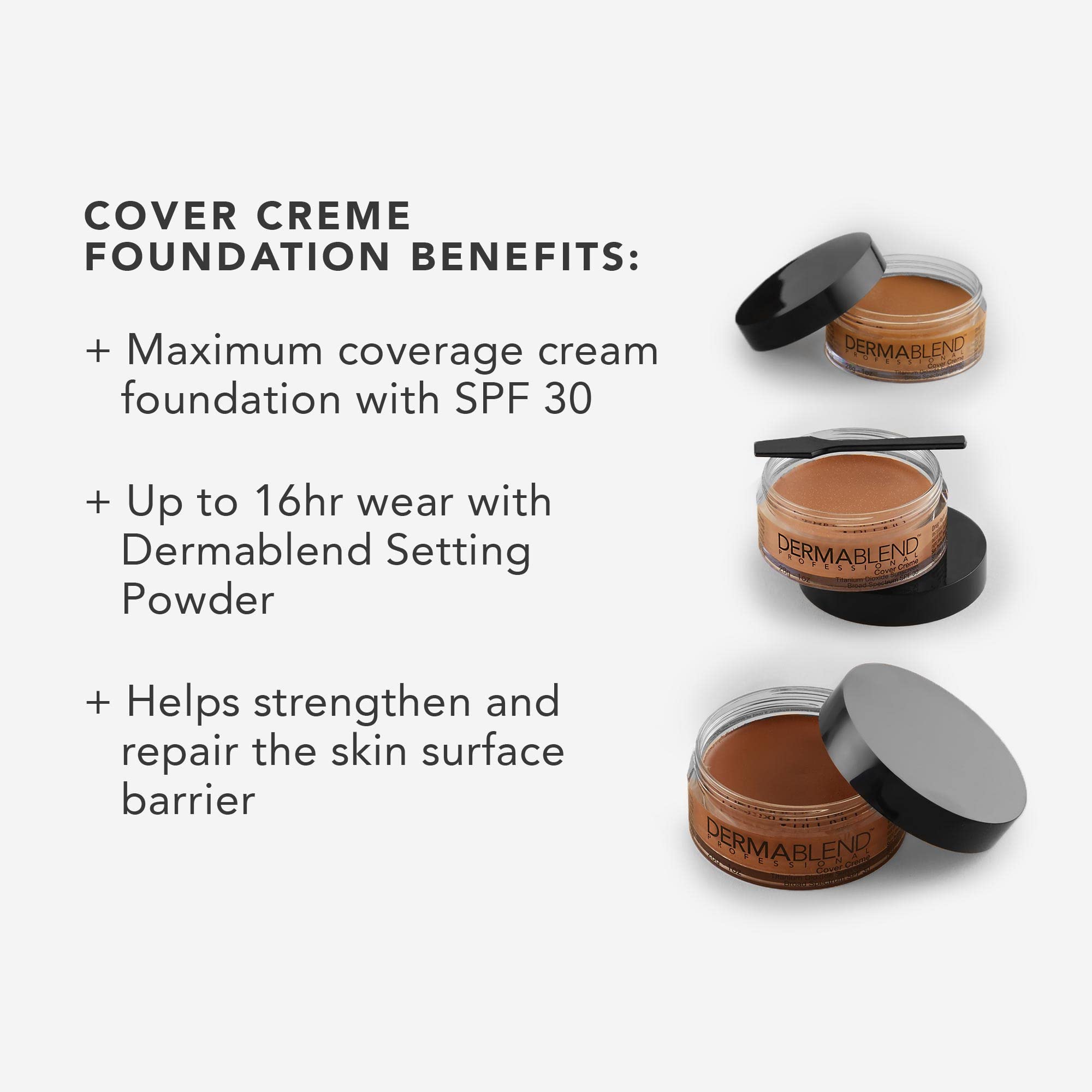 Dermablend Cover Crème packaging label close-up showing SPF 30 and safety-focused ingredients