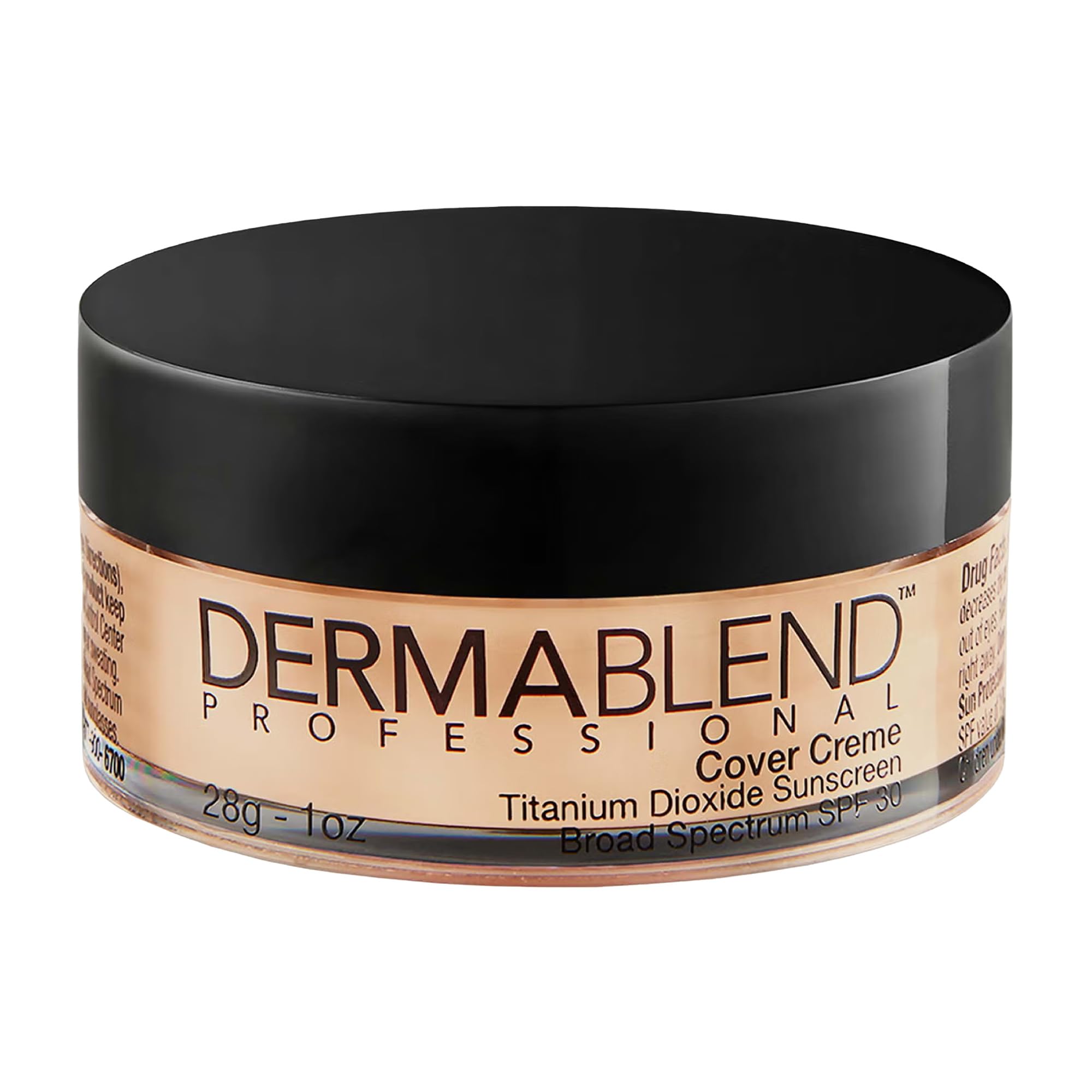 Dermablend jar front view shows shade 10C Rose Beige and clear packaging benefits