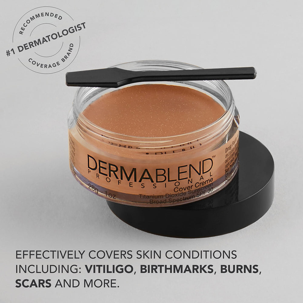 Dermablend jar label close-up showing SPF 30 protection benefit