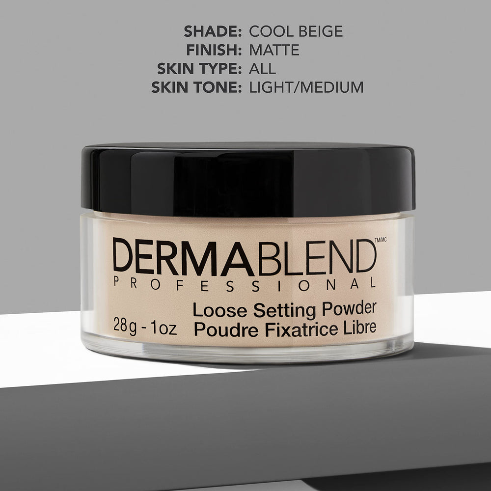 Dermablend powder application with brush demonstrating matte, shine-control benefit