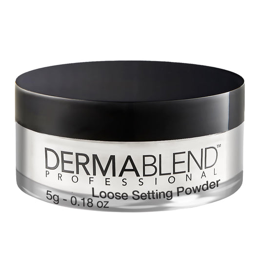 Dermablend front jar view showing travel-size powder and benefit of portability