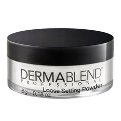 Dermablend front jar view showing travel-size powder and benefit of portability