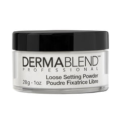 Dermablend jar front view showing translucent powder and packaging benefit