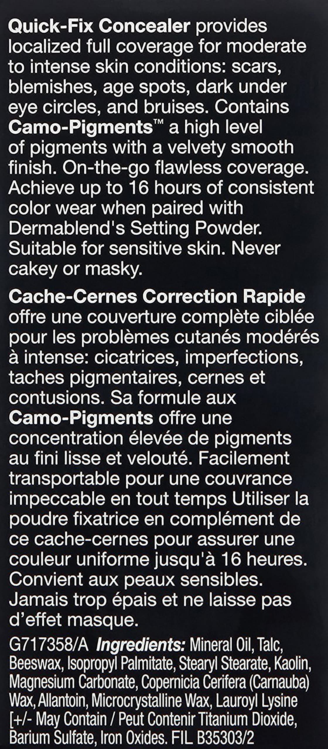 Dermablend Quick Fix packaging label close-up highlighting ingredient claims