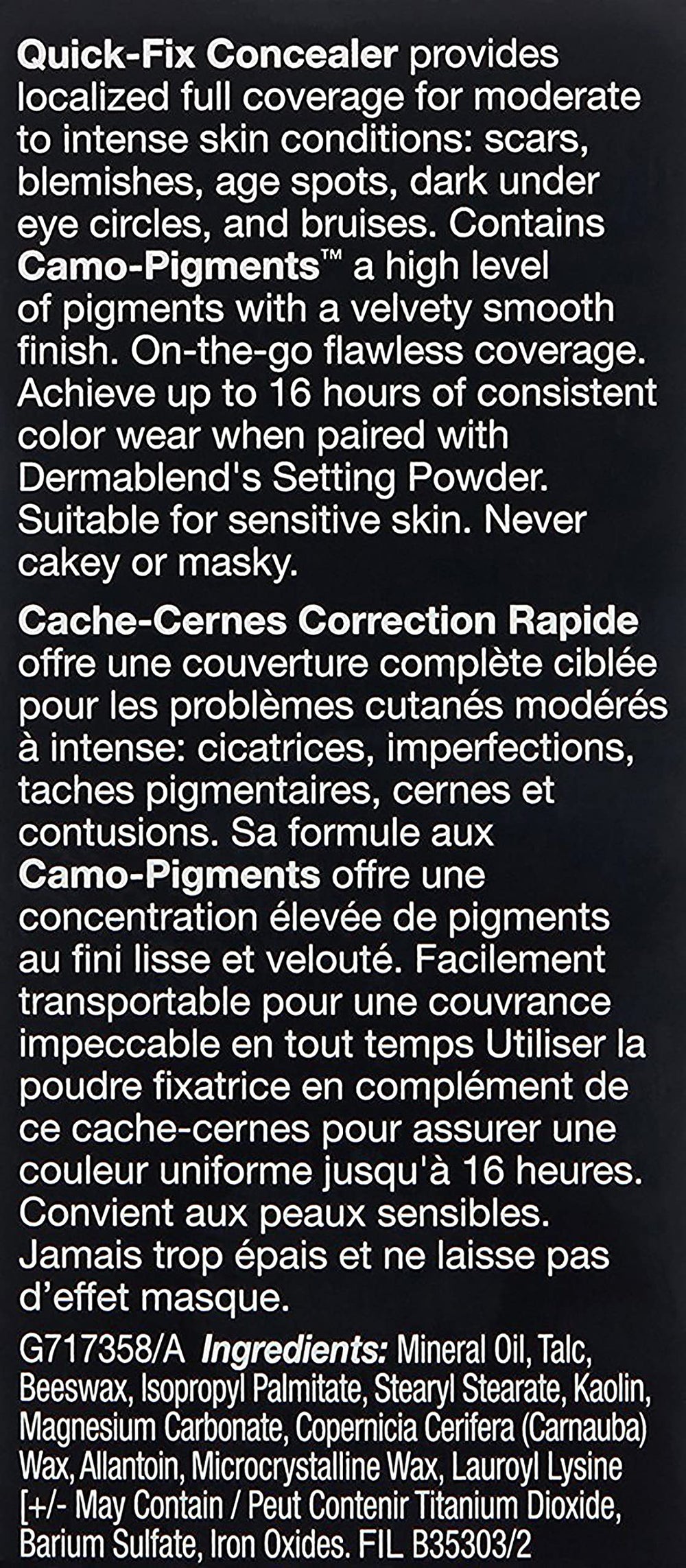 Dermablend Quick Fix packaging label close-up highlighting ingredient claims