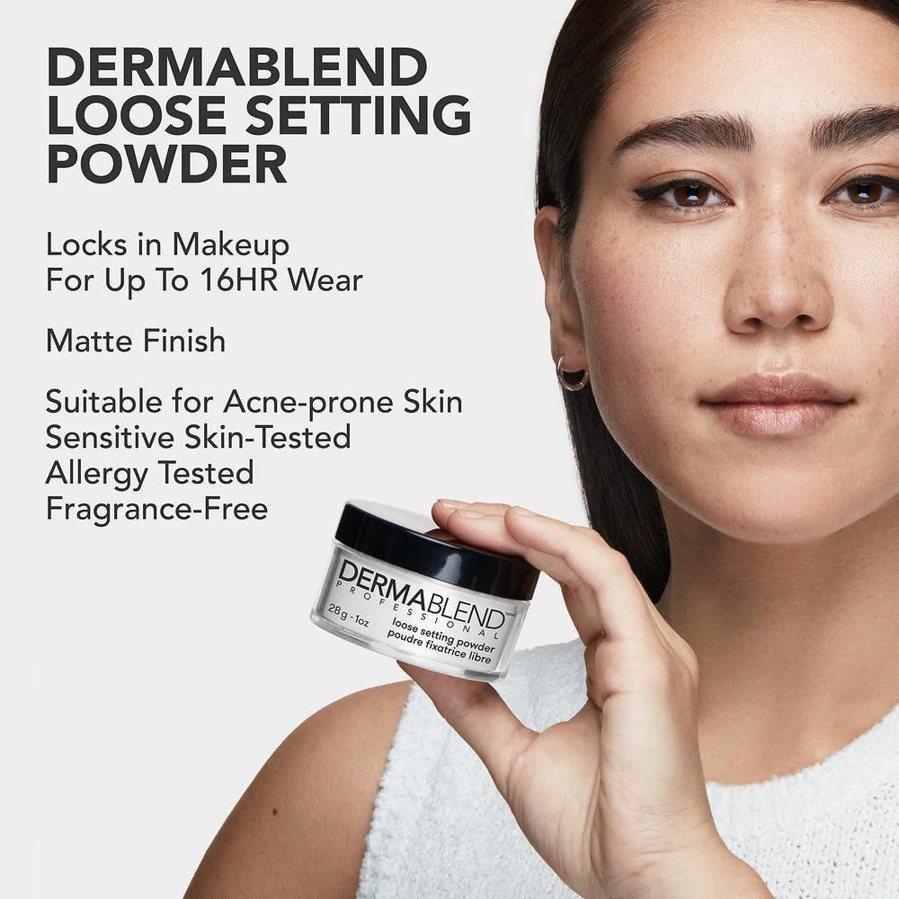Dermablend setting powder under-eye use showing longer-wear benefit