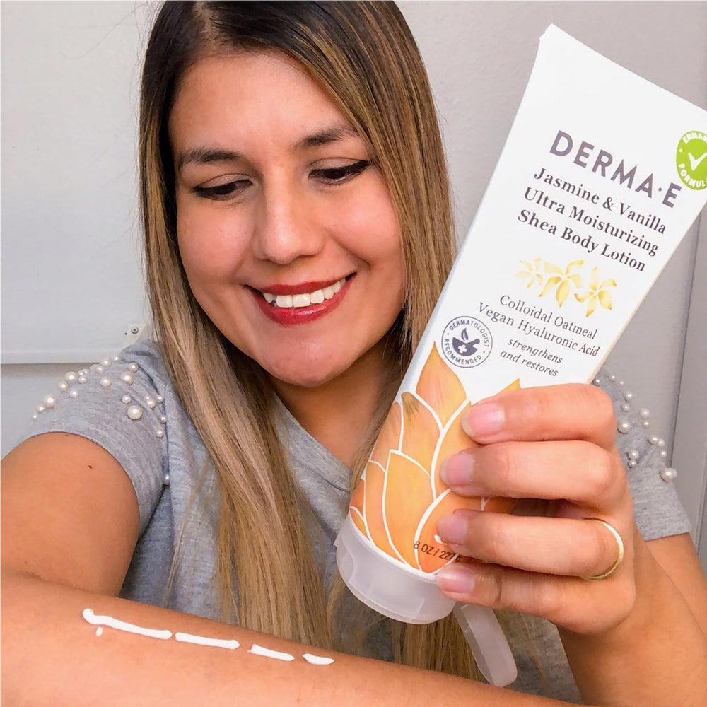 Derma E hand applying lotion demonstrating instant softening benefit