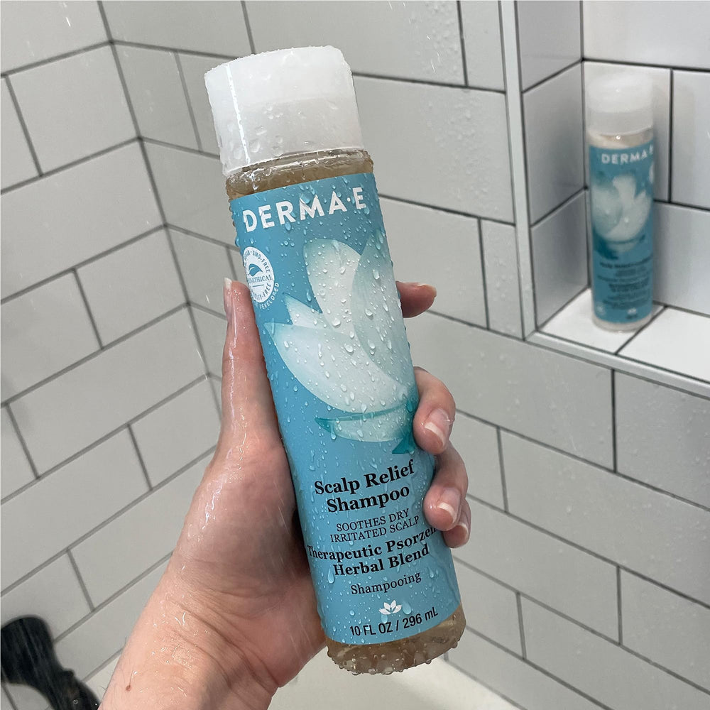 Derma E shampoo paired with conditioner showing complete scalp care benefit