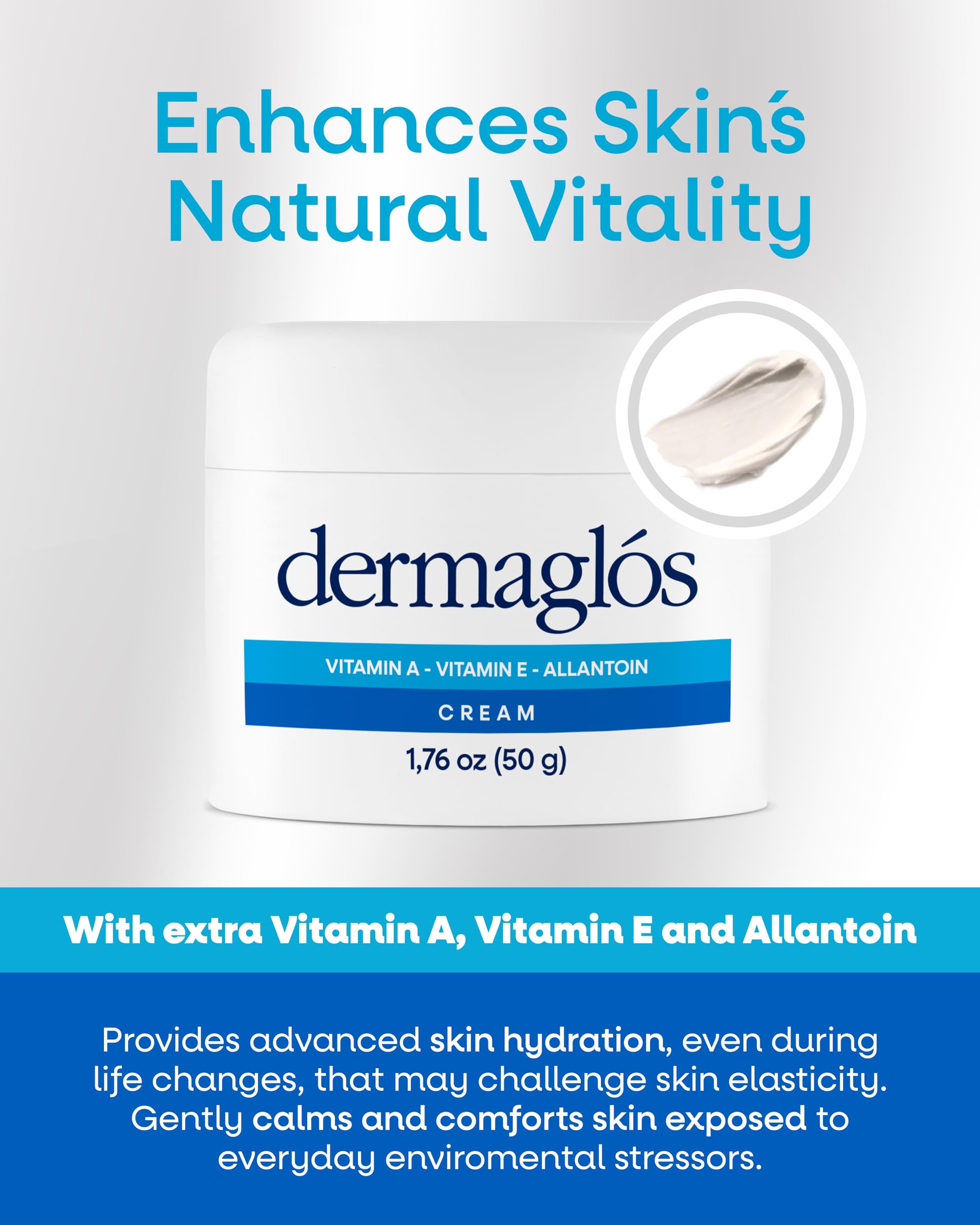 Dermaglós cream texture close-up highlighting smooth consistency and quick absorption