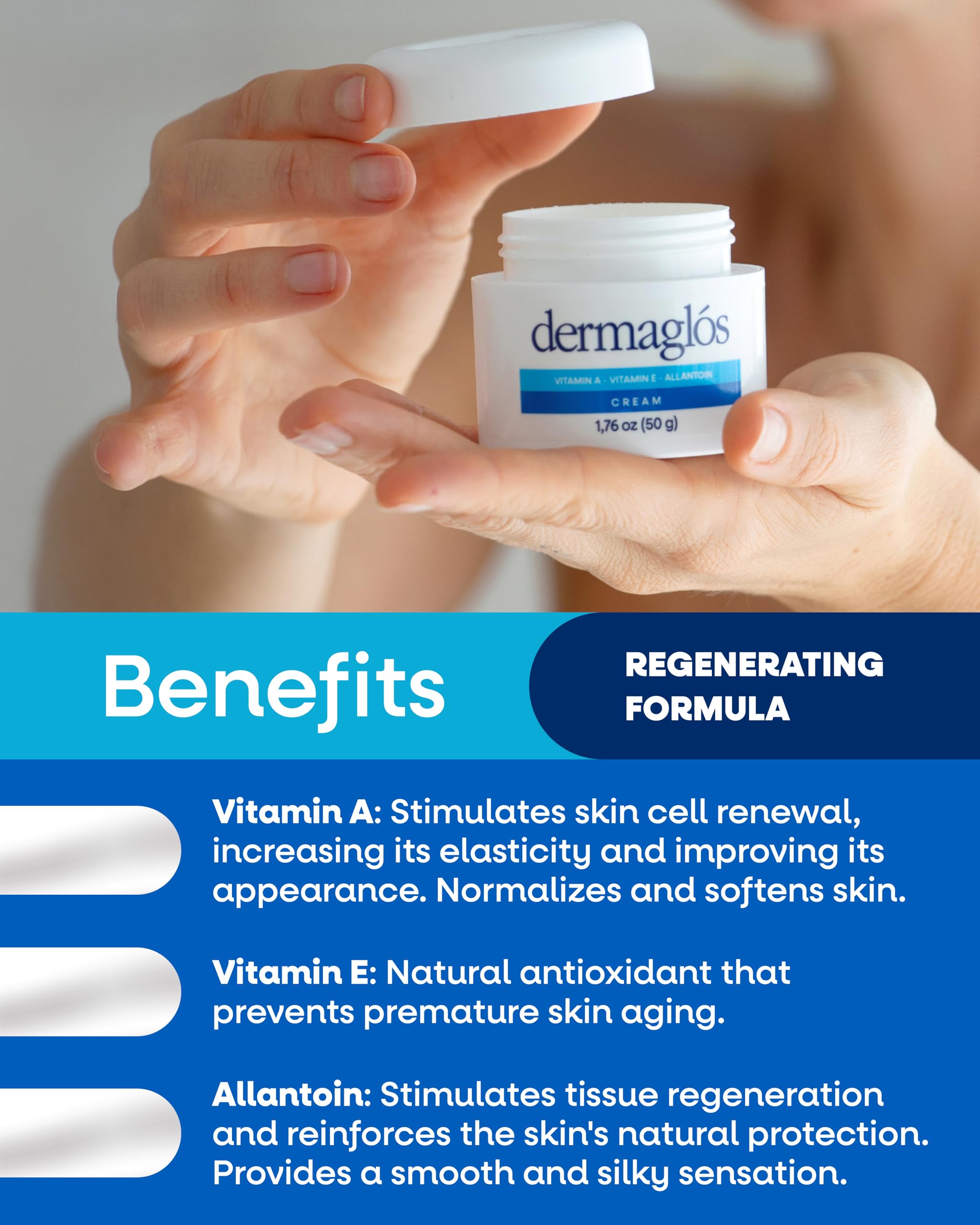 Dermaglós label ingredients detail showing Vitamins A and E with ingredient clarity