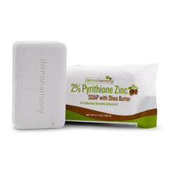 Dermaharmony shea butter zinc soap front packaging shows label and bar for calm skin relief