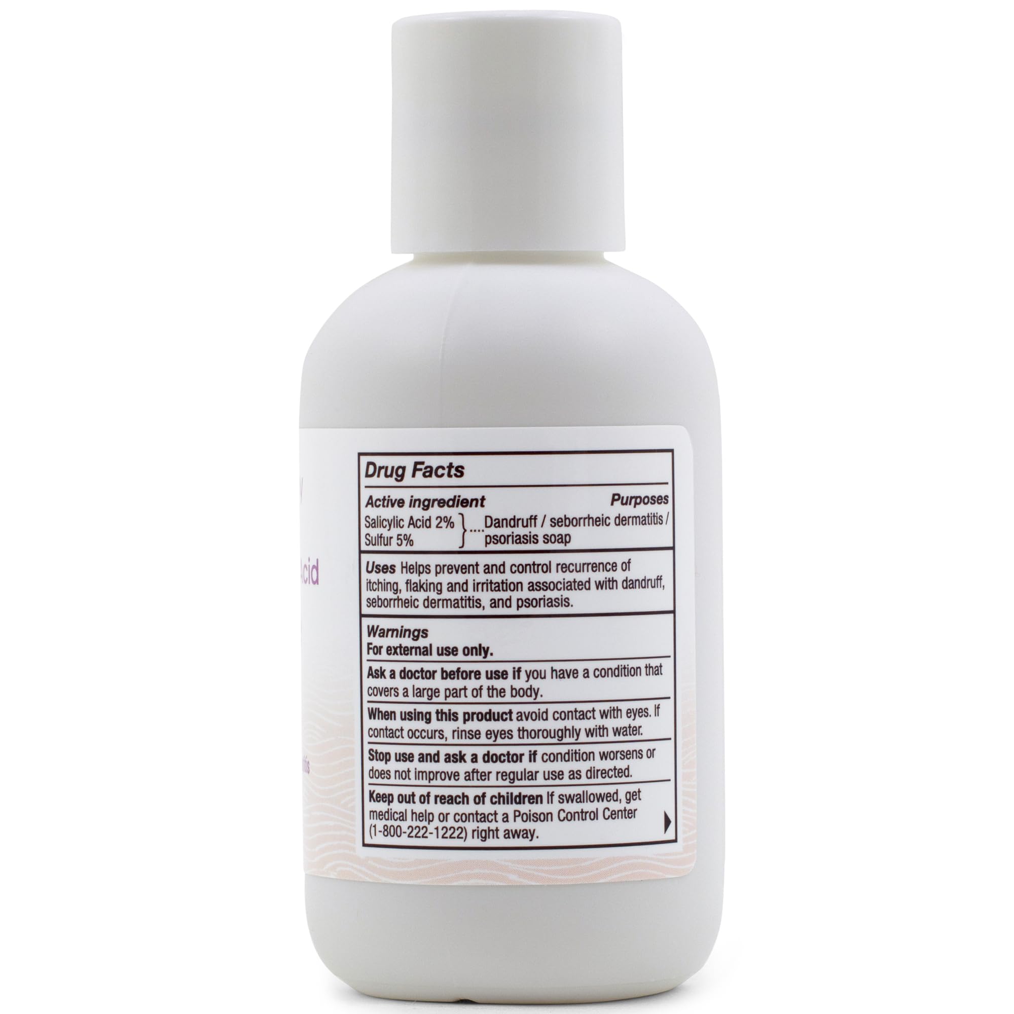 Dermaharmony closeup of label and ingredients, clear view of sulfur and salicylic strengths