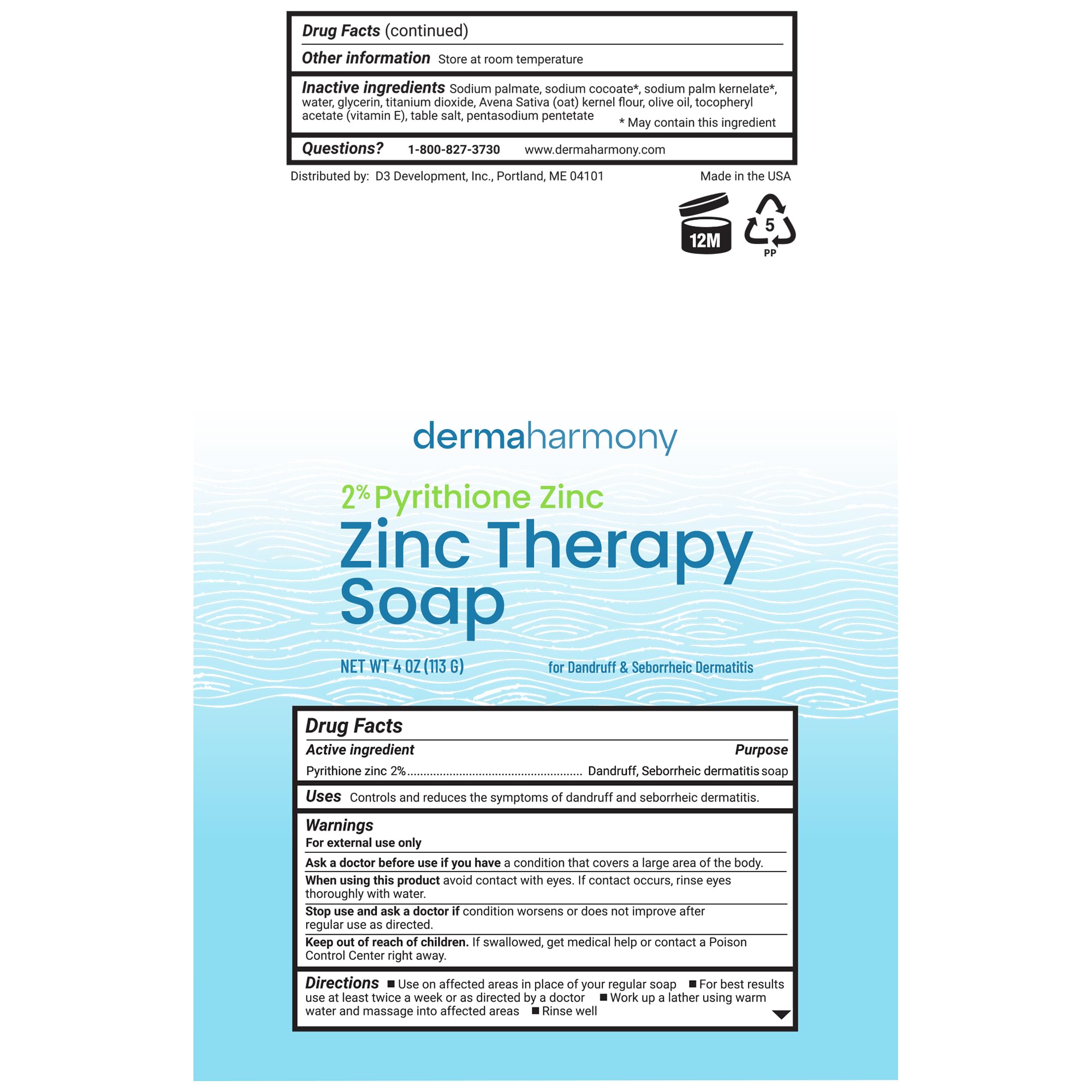 Dermaharmony label close-up listing 2% pyrithione zinc and usage details