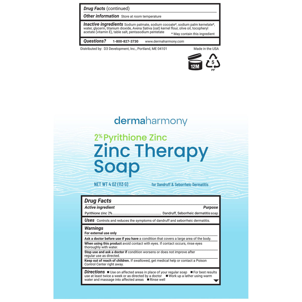Dermaharmony label close-up listing 2% pyrithione zinc and usage details