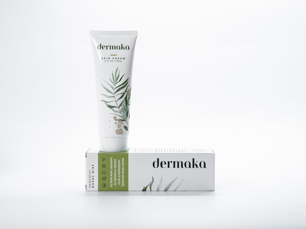Dermaka jar front view showing label and 4 oz size for convenient moisturizing