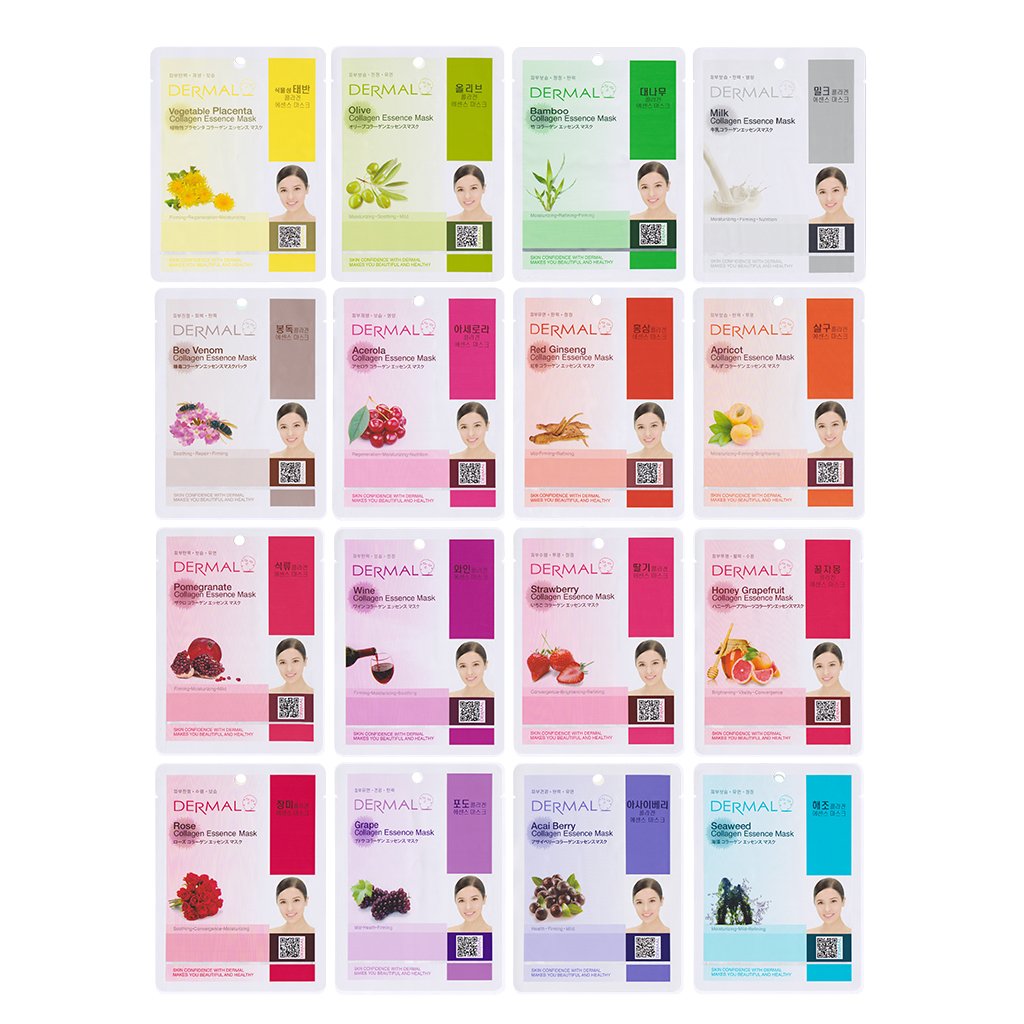 DERMAL front box of 16 collagen essence masks showing variety and convenience