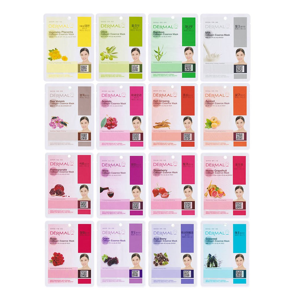 DERMAL front box of 16 collagen essence masks showing variety and convenience