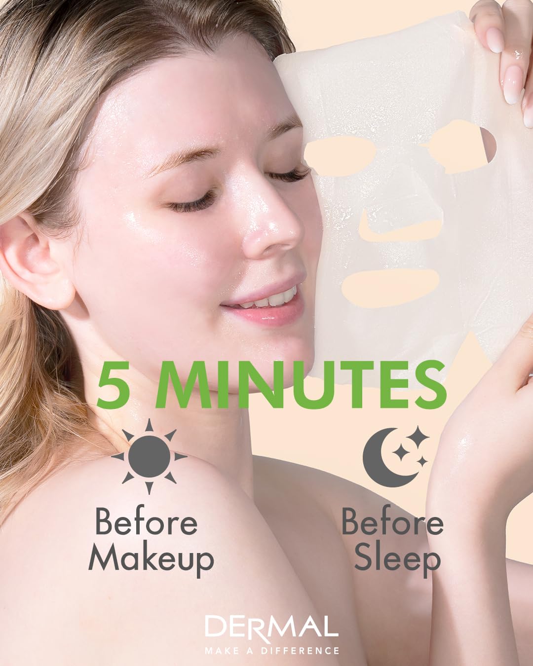 DERMAL mask and coin for scale showing single-mask volume and travel-friendly benefit