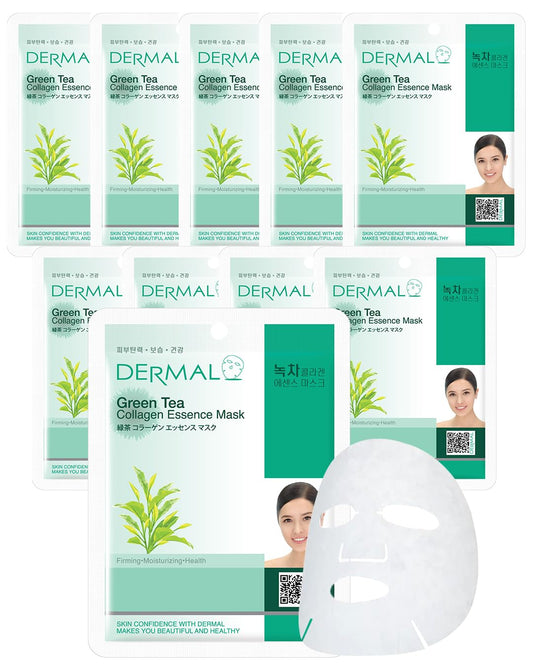 DERMAL front packaging of green tea collagen masks showing product benefits