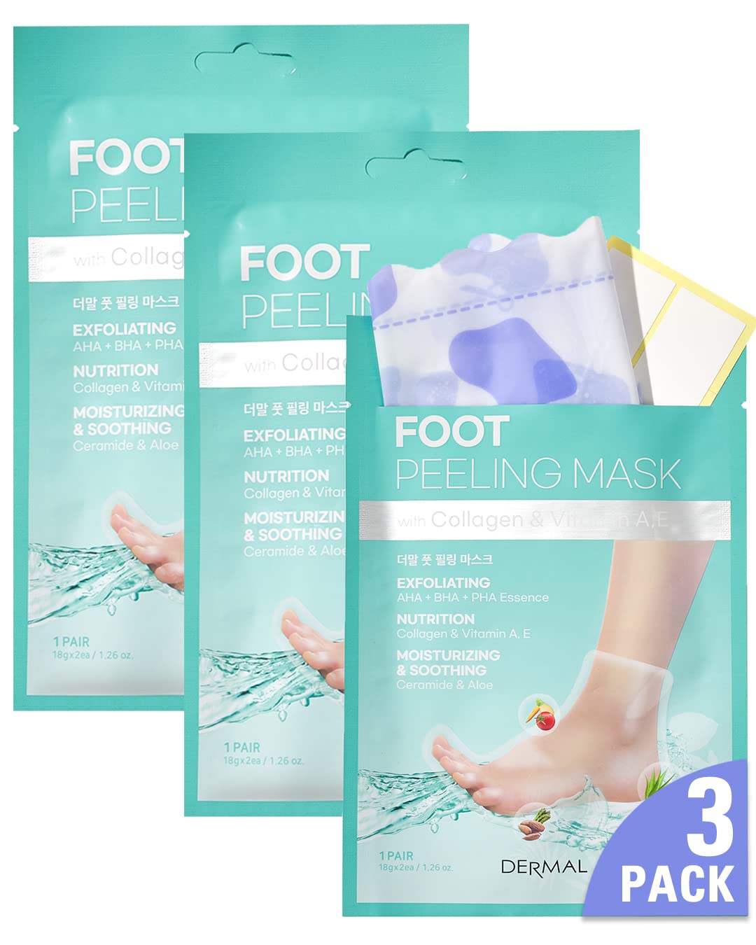 DERMAL front packaging showing three-pair foot peeling mask, convenient at-home exfoliation