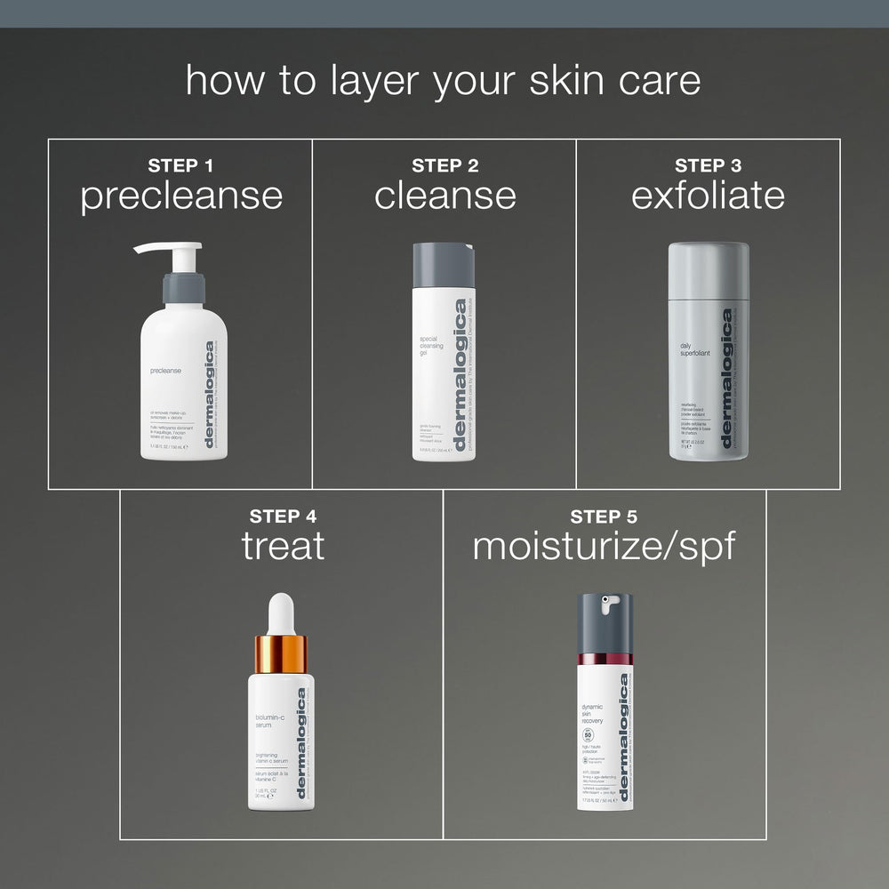 Dermalogica on a bathroom shelf with towel, styled to show daily skincare integration
