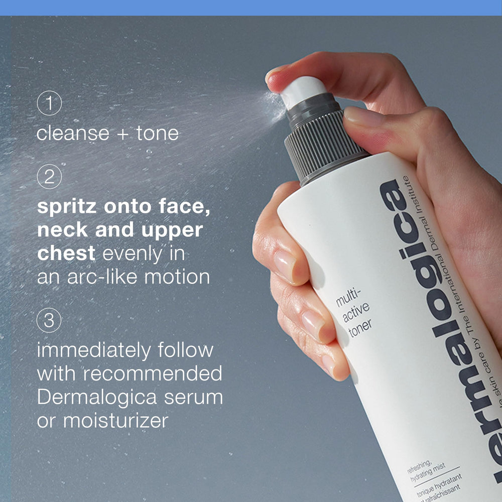 Detail of Dermalogica toner nozzle showing fine mist delivery for even coverage