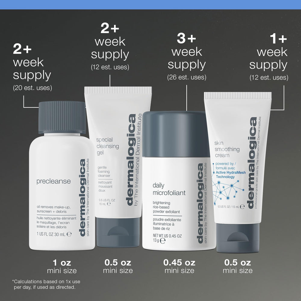Dermalogica products held in hand to display travel size and portion control