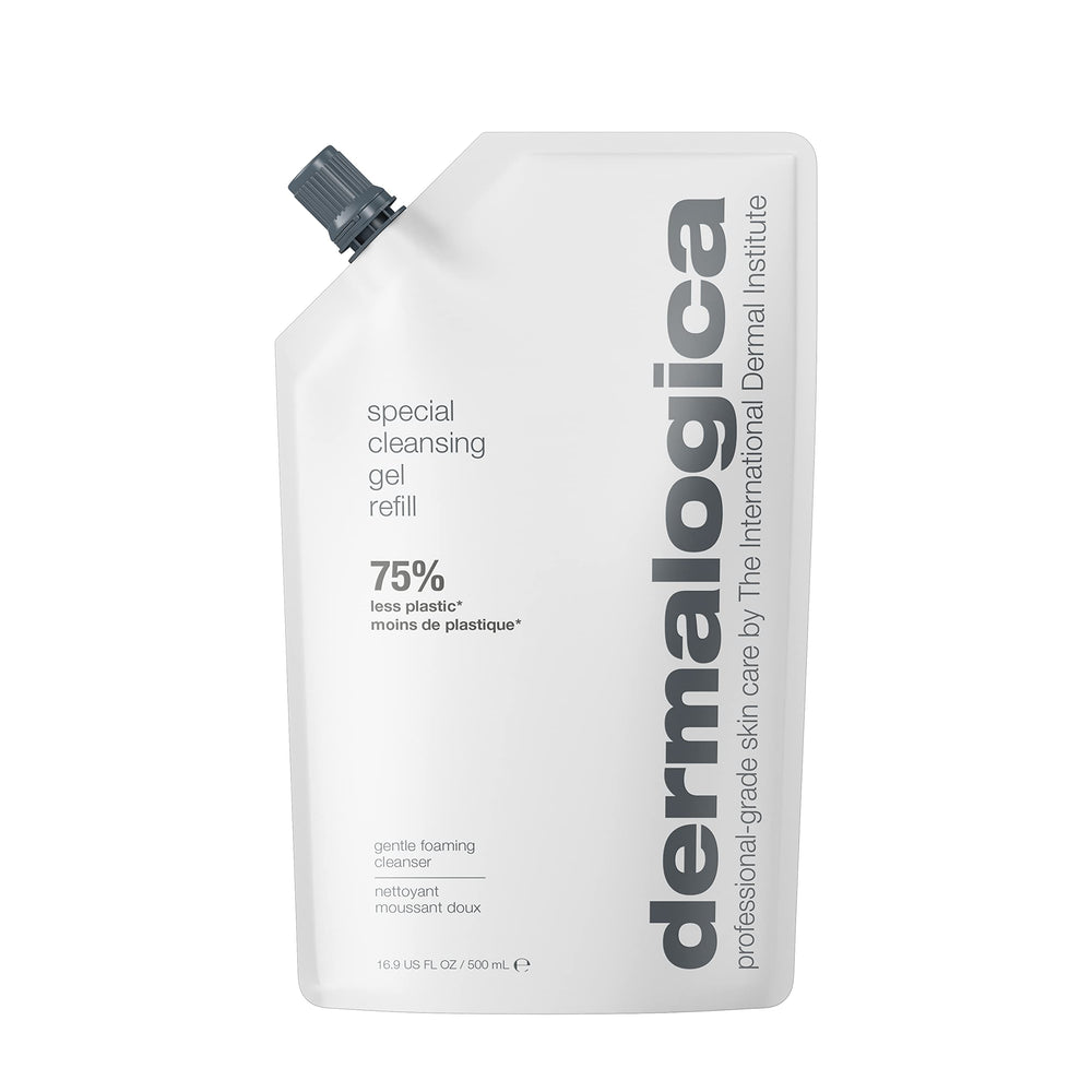 Dermalogica refill pouch front showing product and eco benefit