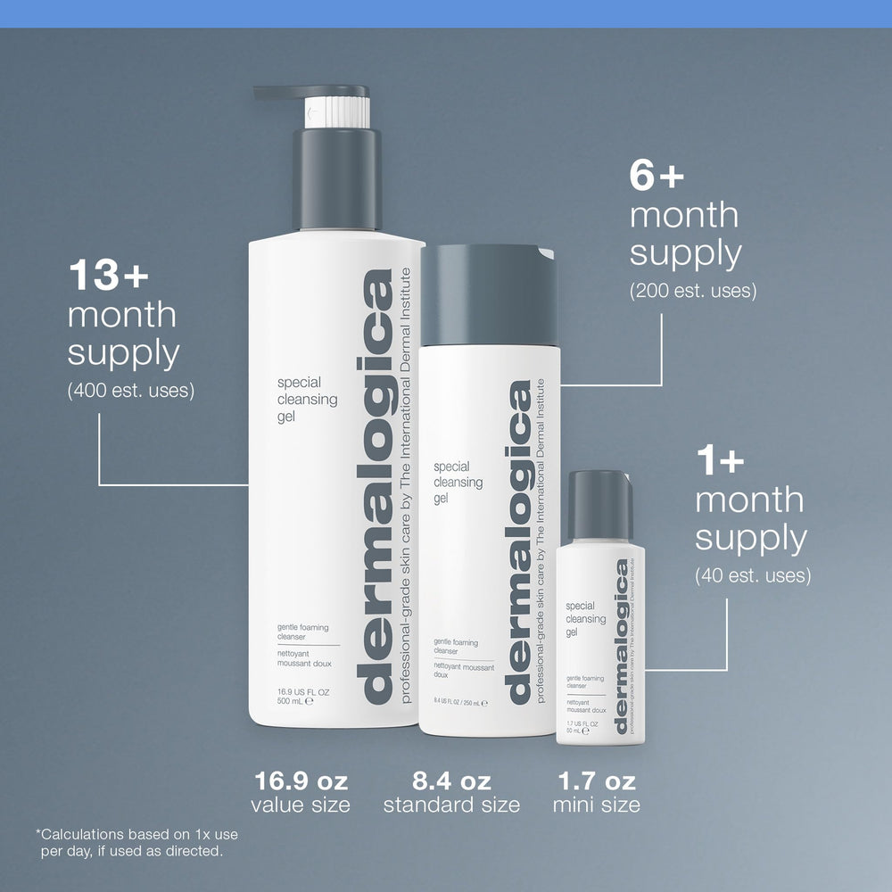 Dermalogica 16.9 fl oz bottle beside a ruler showing generous size