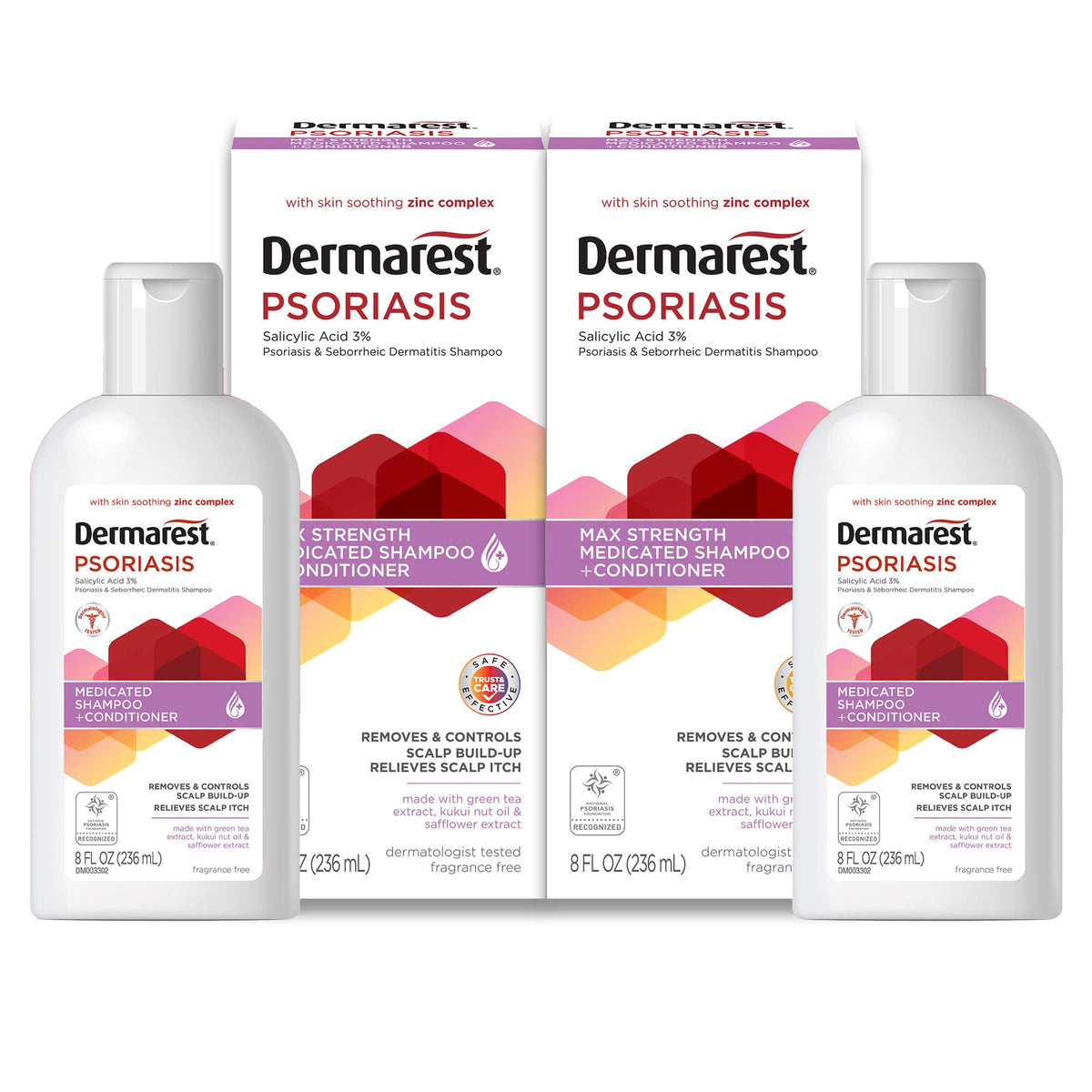 Dermarest front packaging showing medicated 2-in-1 bottle and benefits